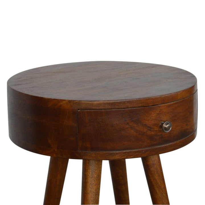 Nordic Chestnut Circular Nightstand - Solid Mango Wood Bedside Table for Bedroom - product view 4 showing handcrafted...