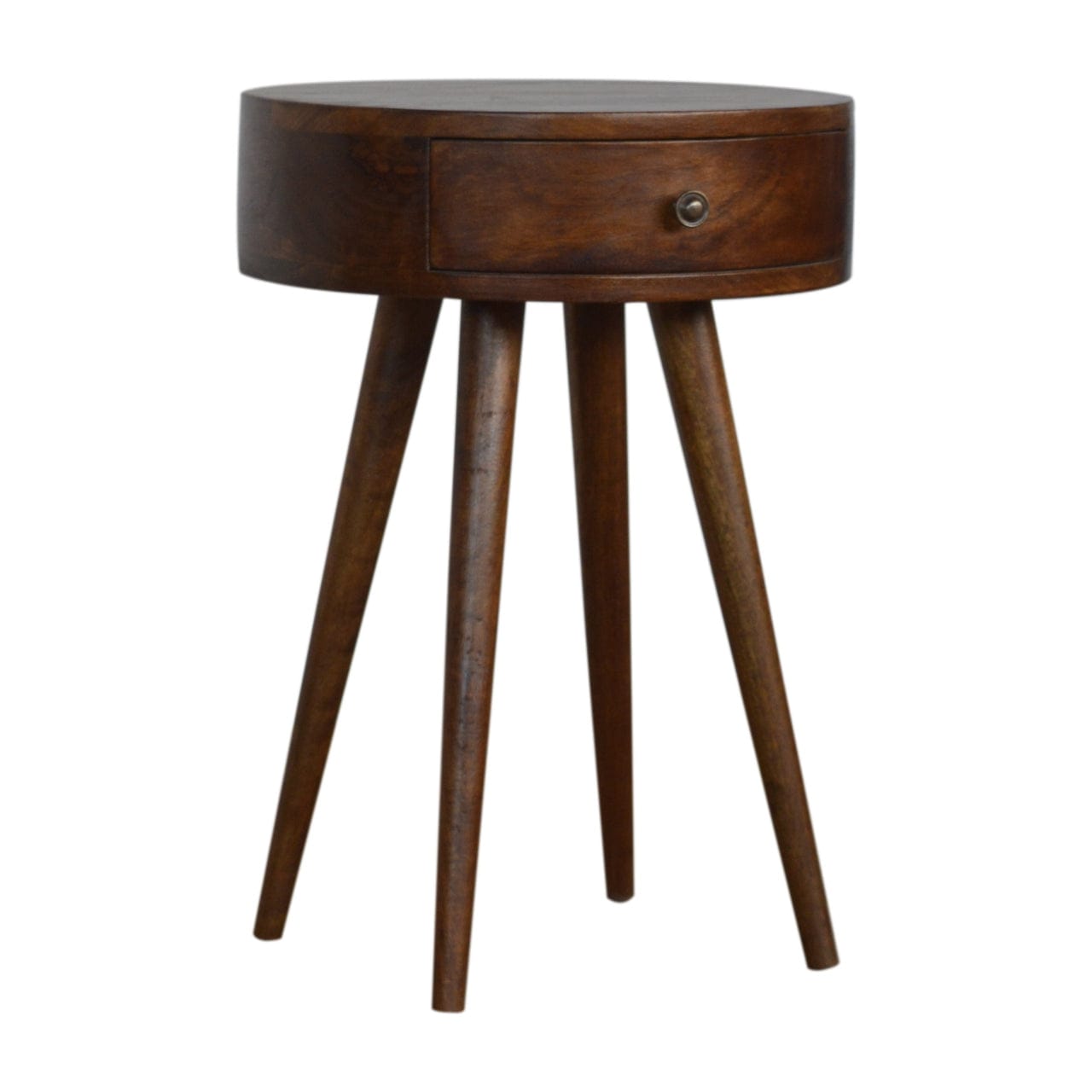 Nordic Chestnut Circular Nightstand - Solid Mango Wood Bedside Table for Bedroom - product view 3 showing handcrafted...