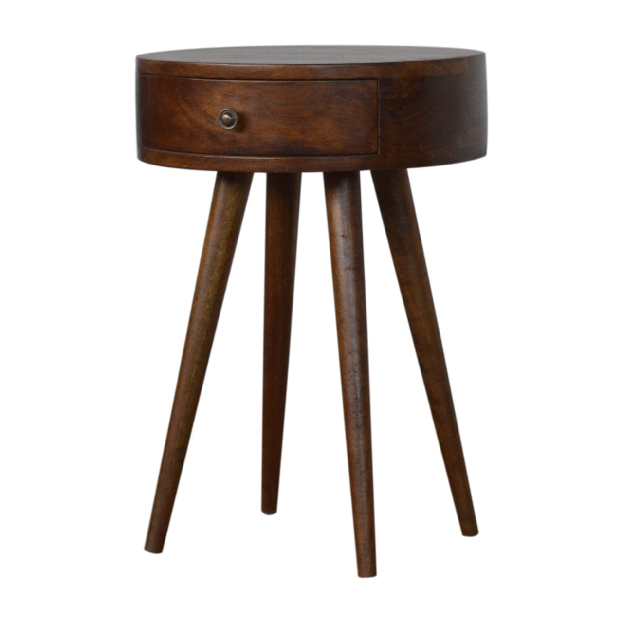 Nordic Chestnut Circular Nightstand - Solid Mango Wood Bedside Table for Bedroom - product view 2 showing handcrafted...