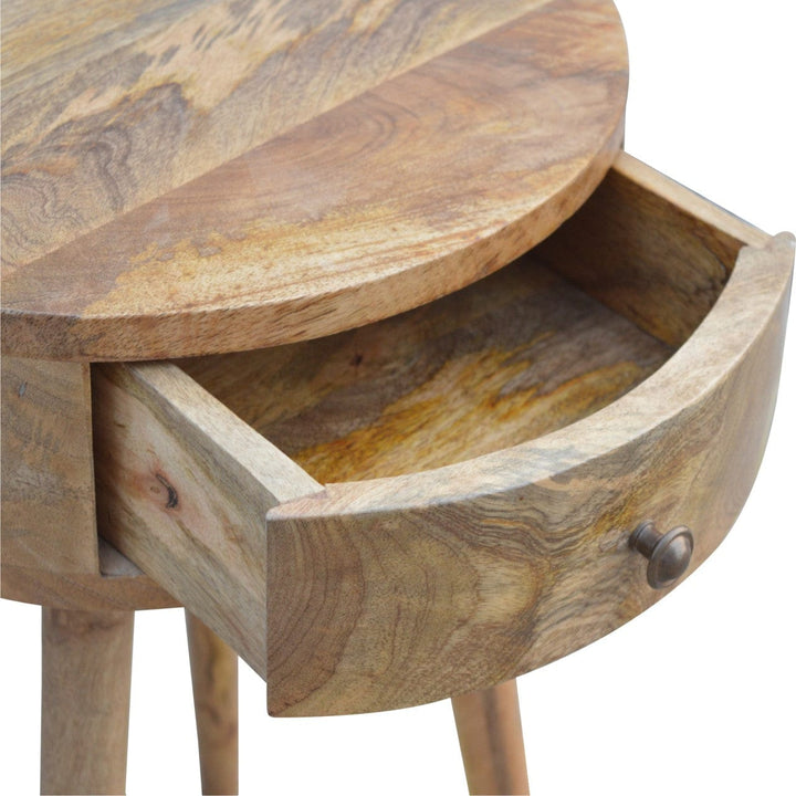 Nordic Circular Shaped Nightstand - Solid Mango Wood Bedside Table for Bedroom - product view 7 showing handcrafted solid...