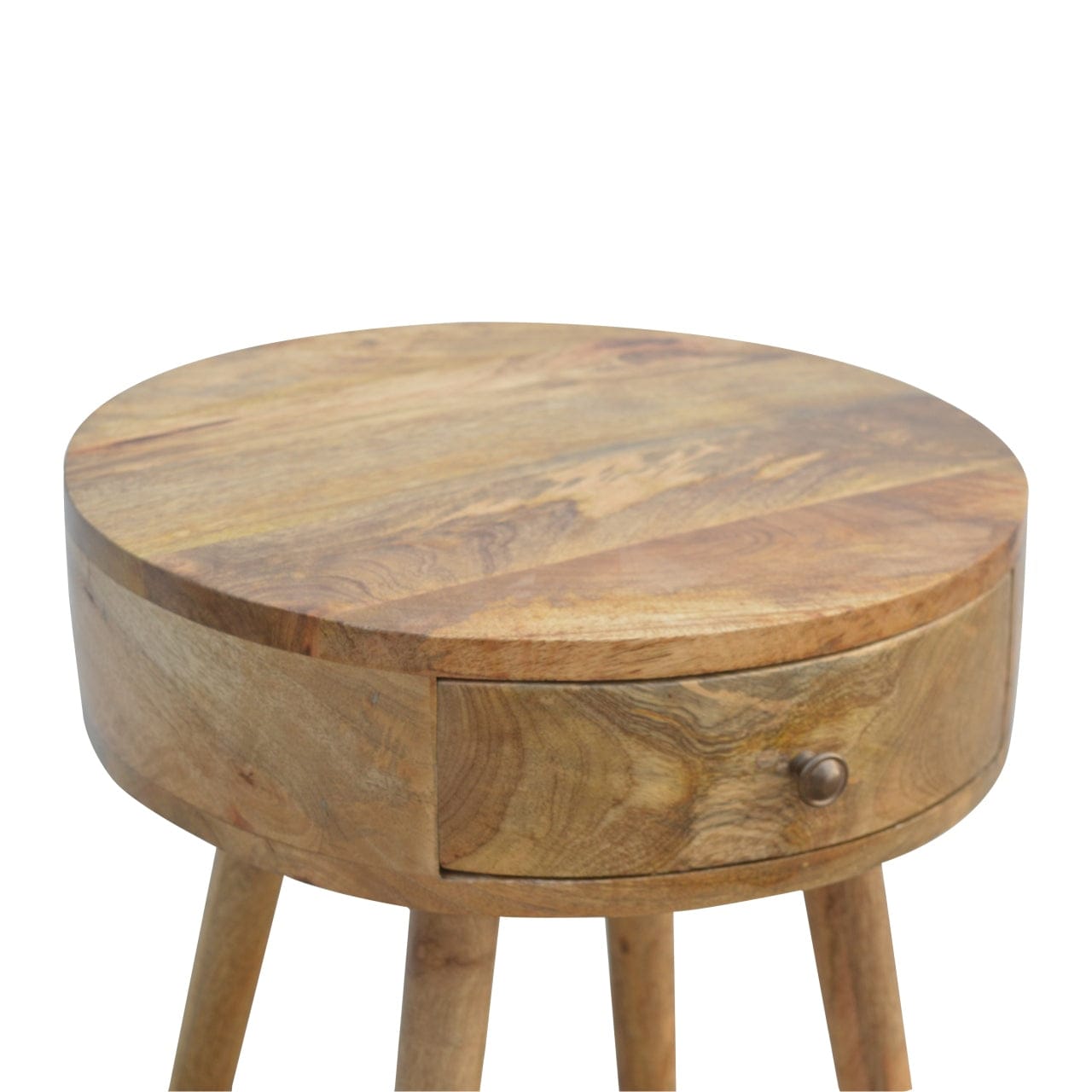 Nordic Circular Shaped Nightstand - Solid Mango Wood Bedside Table for Bedroom - product view 4 showing handcrafted solid...