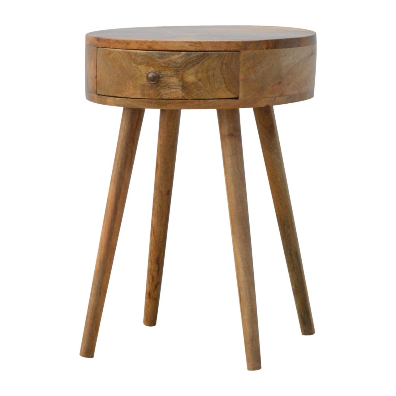 Nordic Circular Shaped Nightstand - Solid Mango Wood Bedside Table for Bedroom - product view 3 showing handcrafted solid...