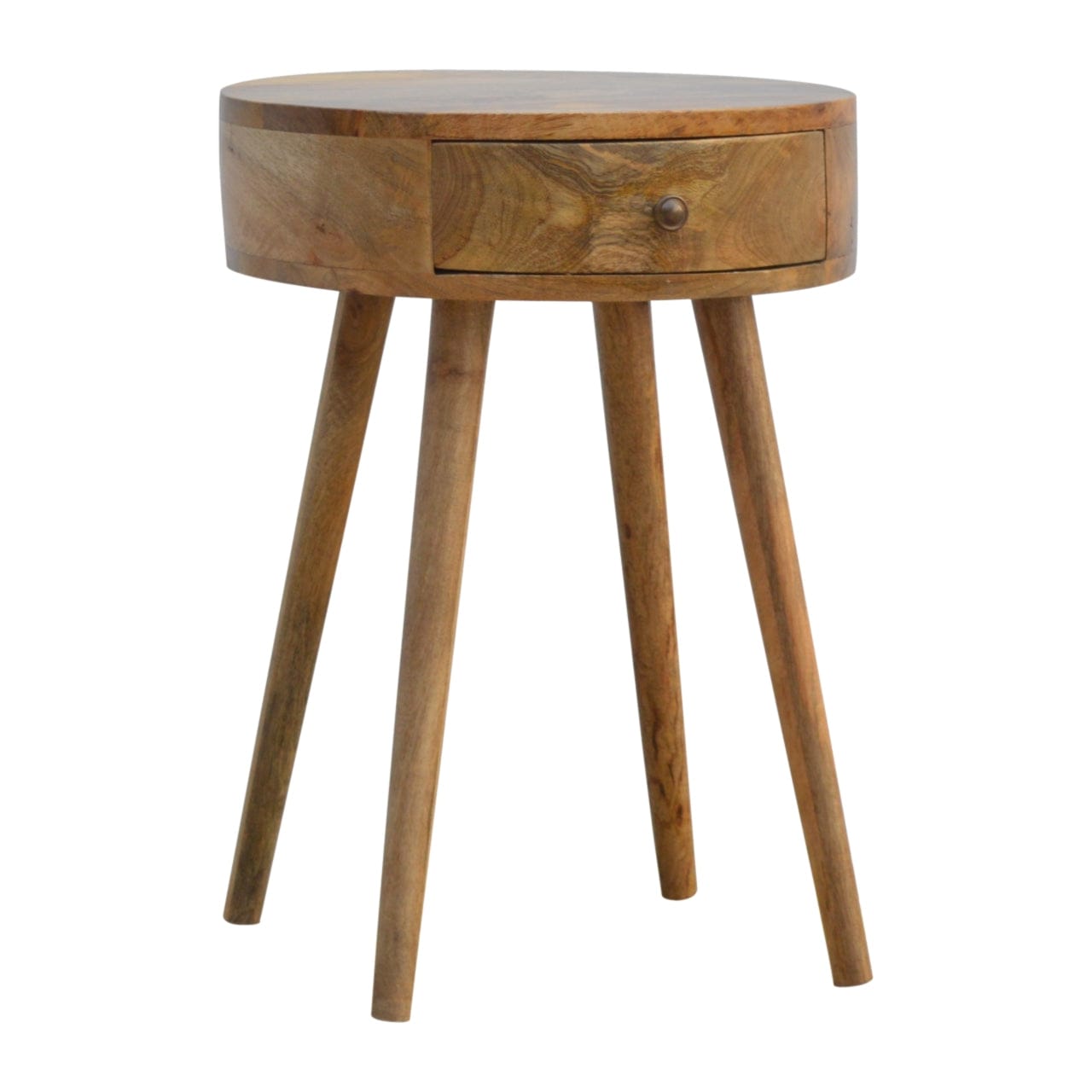 Nordic Circular Shaped Nightstand - Solid Mango Wood Bedside Table for Bedroom - product view 2 showing handcrafted solid...