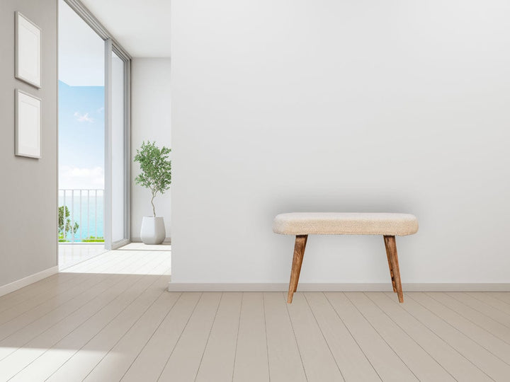 Nordic Cream Boucle Bench - Solid Mango Wood Seating Furniture for Entryway - product view 8 showing handcrafted solid...