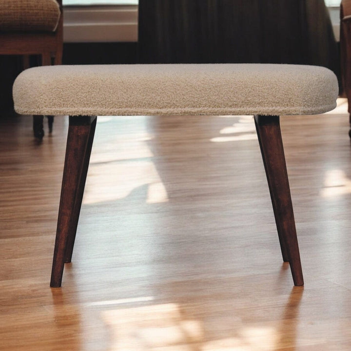 Nordic Honey Caramel Boucle Cream Bench - Solid Mango Wood Seating Furniture for Entryway - product view 8 showing...