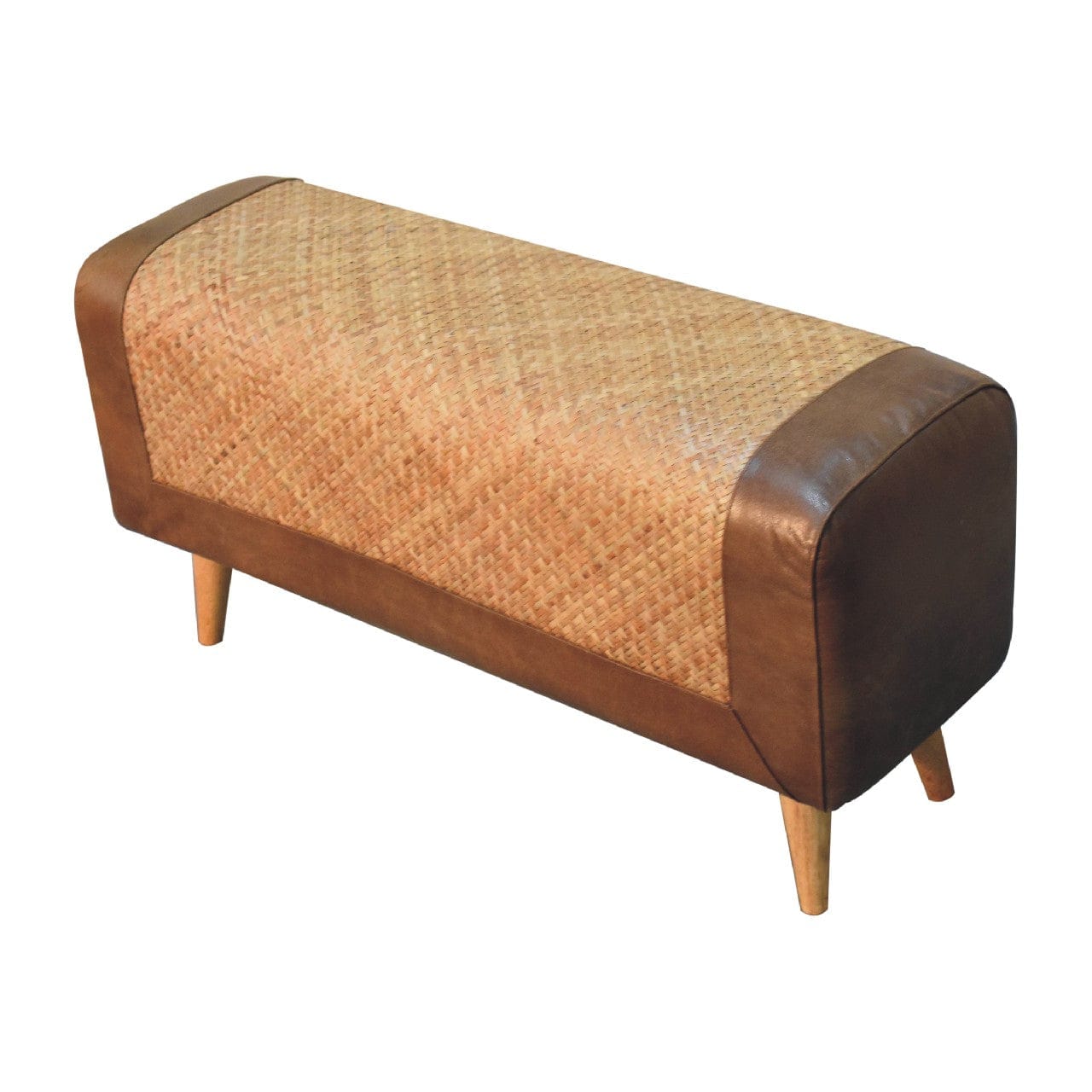 Nordic Seagrass Buffalo Hide Bench - Solid Mango Wood Seating Furniture for Entryway - product view 7 showing handcrafted...