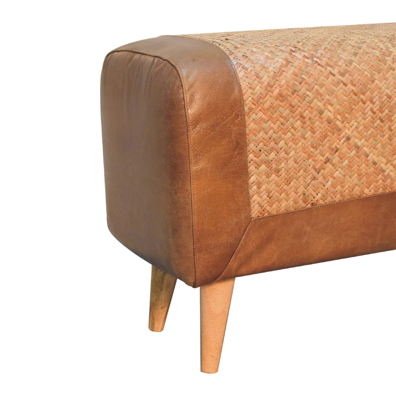 Nordic Seagrass Buffalo Hide Bench - Solid Mango Wood Seating Furniture for Entryway - product view 3 showing handcrafted...