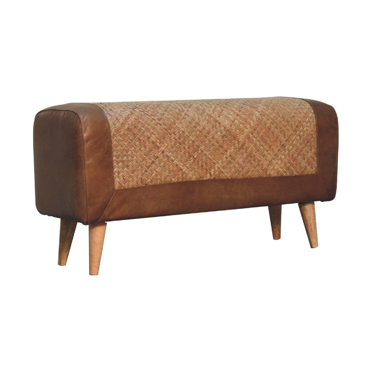Nordic Seagrass Buffalo Hide Bench - Solid Mango Wood Seating Furniture for Entryway - product view 2 showing handcrafted...