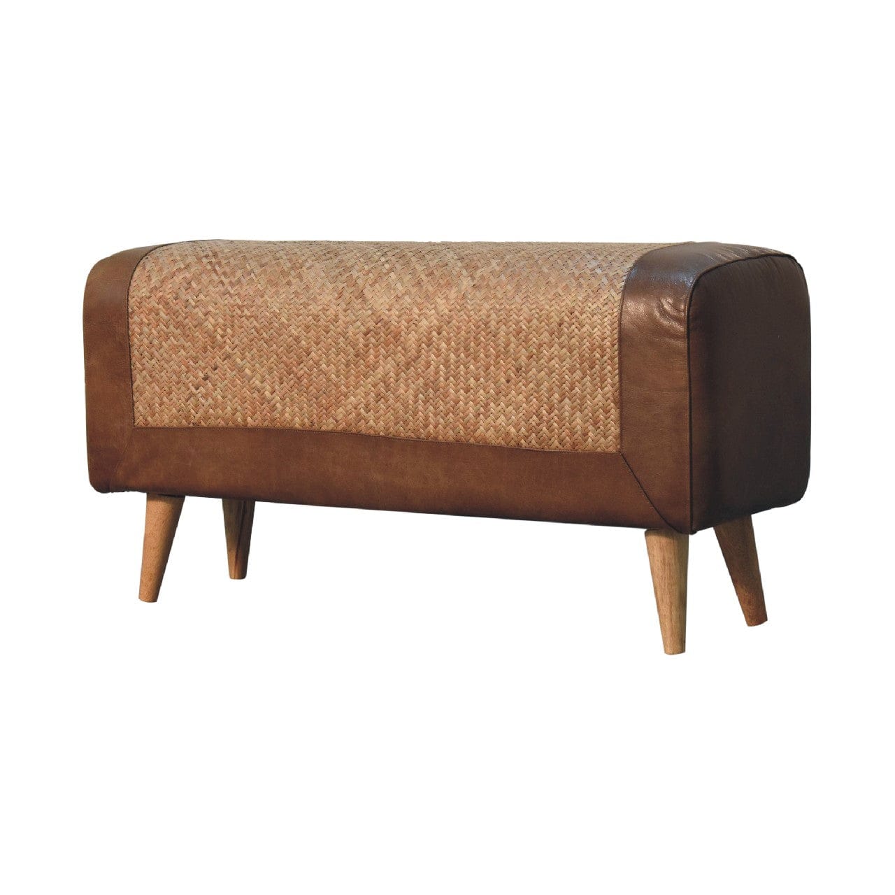 Nordic Seagrass Buffalo Hide Bench - Solid Mango Wood Seating Furniture for Entryway - main view showing handcrafted...
