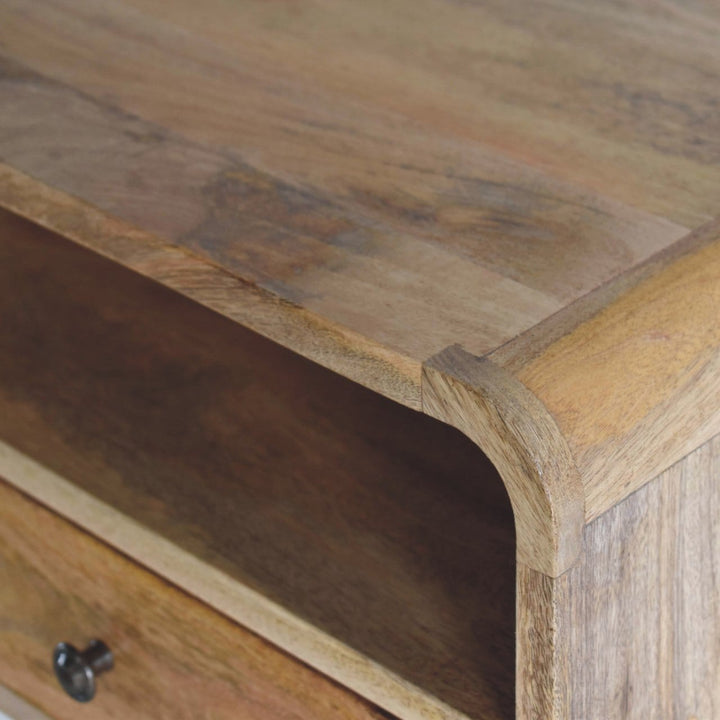 Oak-ish Curve Upper Slot Floating Nightstand - Solid Mango Wood Bedside Table for Bedroom - product view 8 showing...