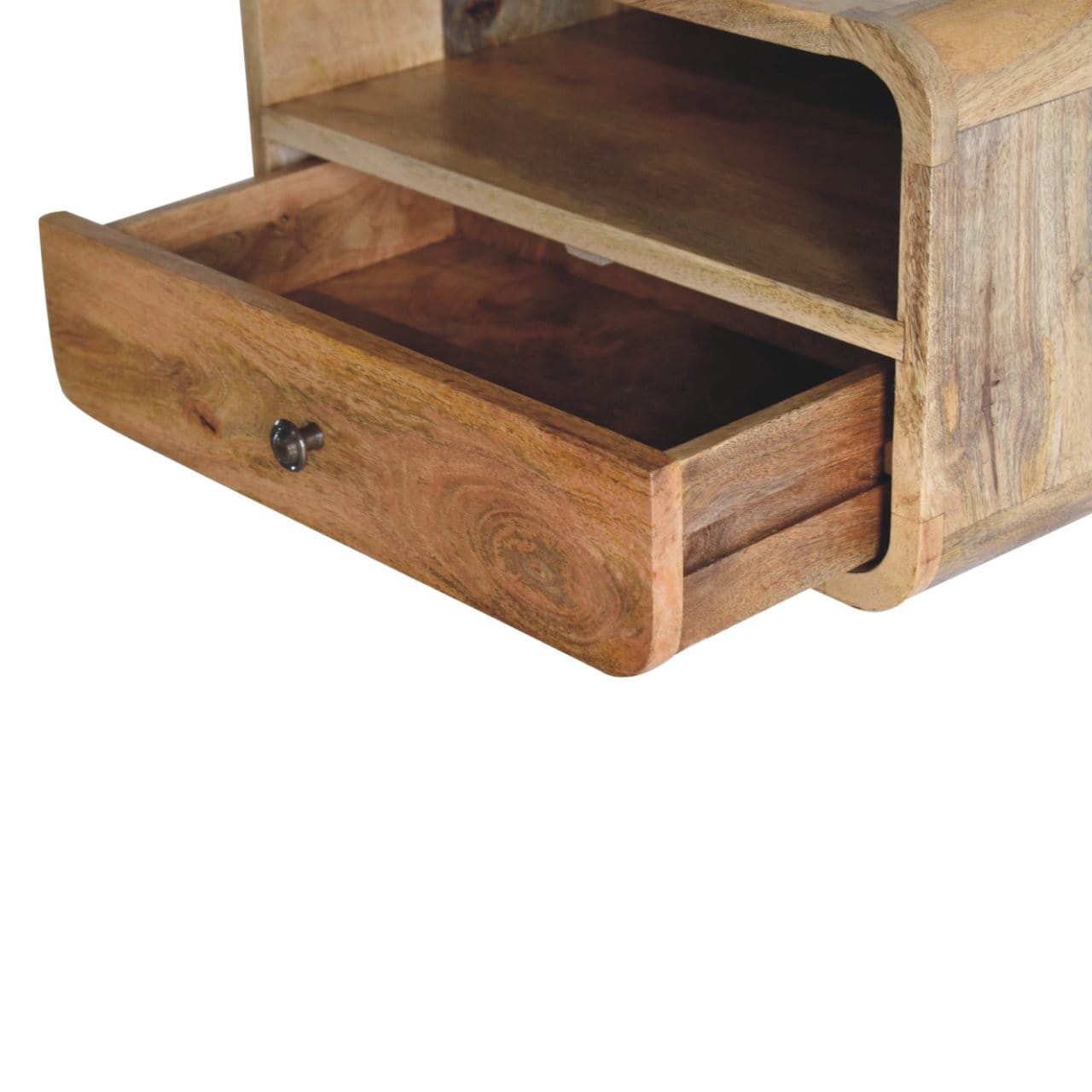 Oak-ish Curve Upper Slot Floating Nightstand - Solid Mango Wood Bedside Table for Bedroom - product view 7 showing...