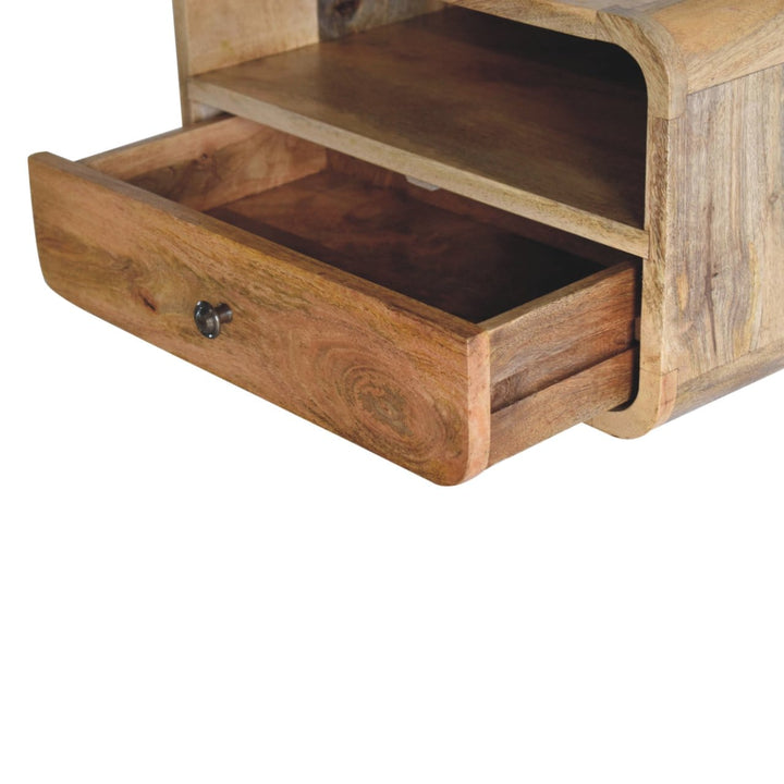 Oak-ish Curve Upper Slot Floating Nightstand - Solid Mango Wood Bedside Table for Bedroom - product view 7 showing...