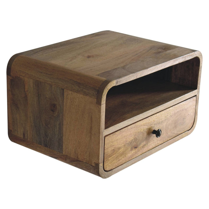 Oak-ish Curve Upper Slot Floating Nightstand - Solid Mango Wood Bedside Table for Bedroom - product view 6 showing...