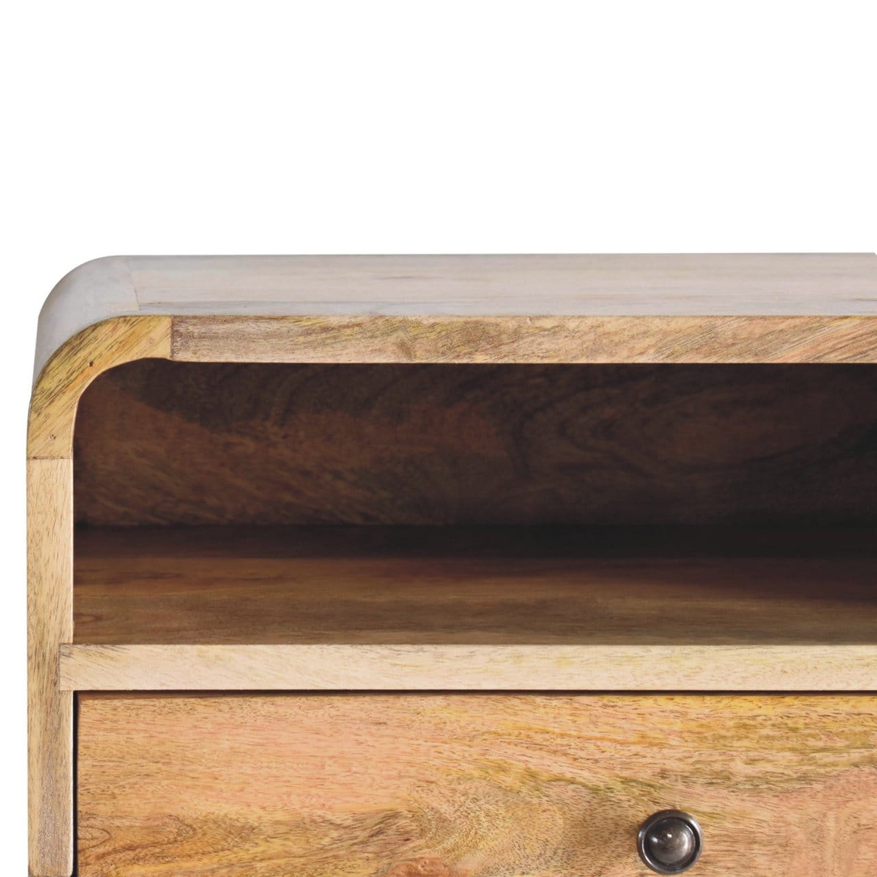 Oak-ish Curve Upper Slot Floating Nightstand - Solid Mango Wood Bedside Table for Bedroom - product view 5 showing...