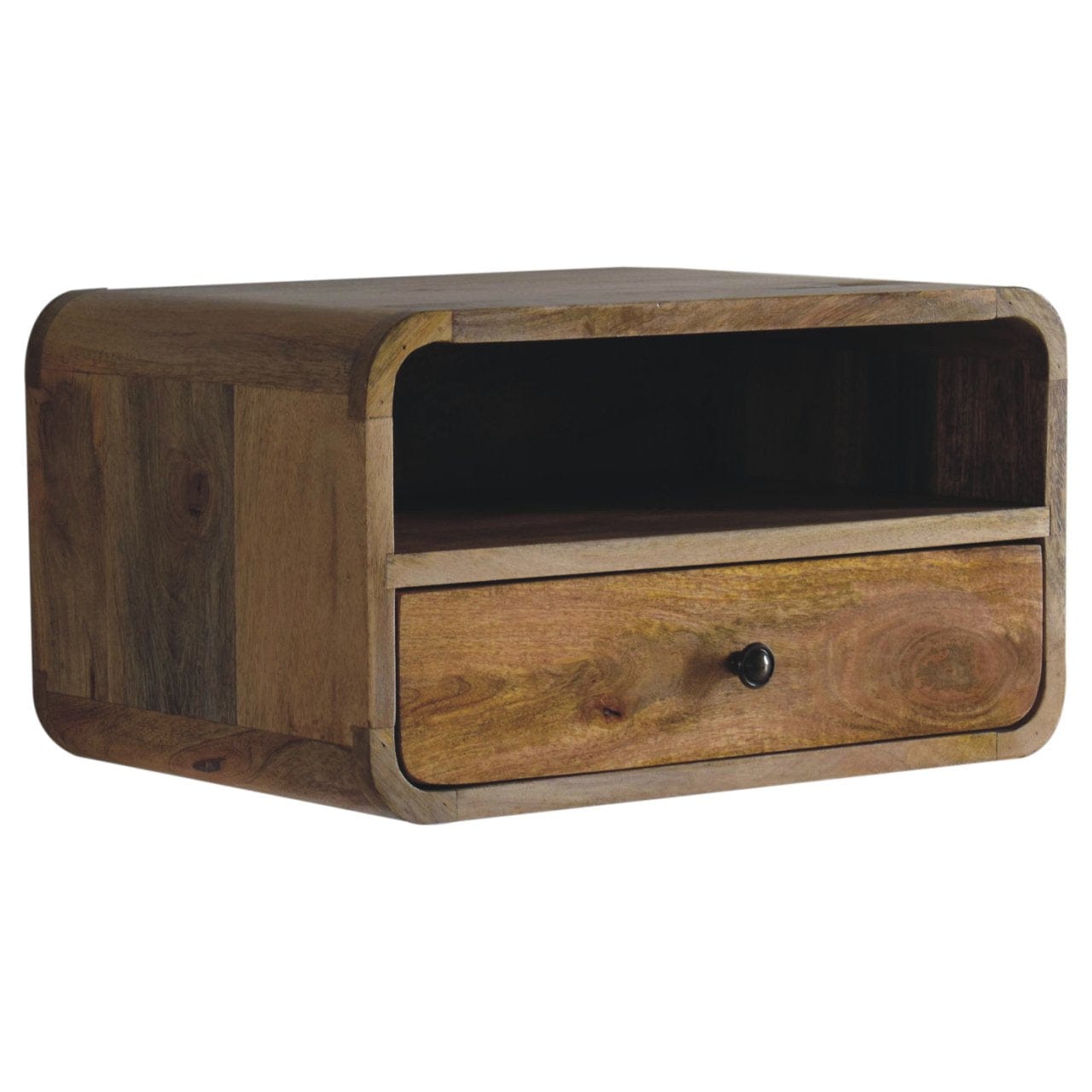 Oak-ish Curve Upper Slot Floating Nightstand - Solid Mango Wood Bedside Table for Bedroom - product view 4 showing...