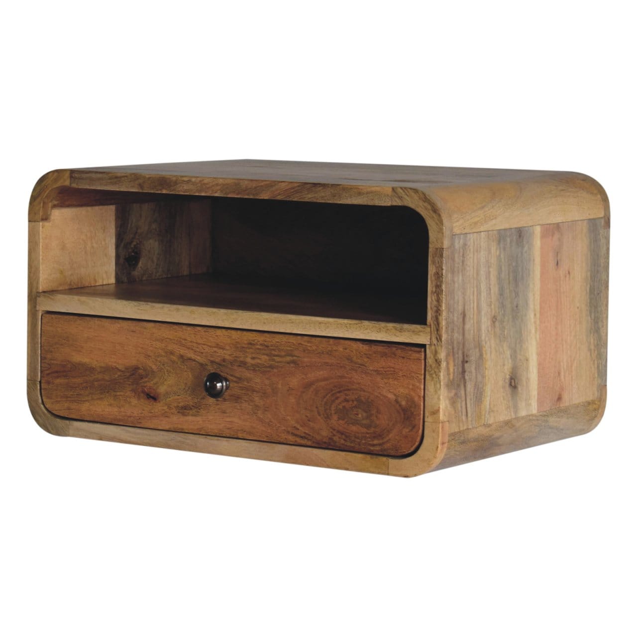 Oak-ish Curve Upper Slot Floating Nightstand - Solid Mango Wood Bedside Table for Bedroom - product view 3 showing...