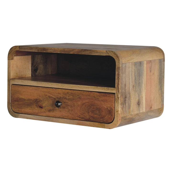 Oak-ish Curve Upper Slot Floating Nightstand - Solid Mango Wood Bedside Table for Bedroom - product view 3 showing...