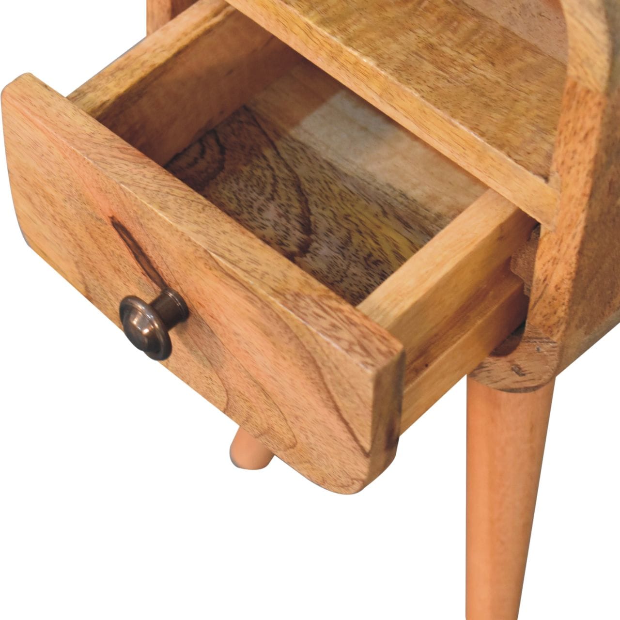 Oak-ish Extra Mini Nightstand - Solid Mango Wood Bedside Table for Bedroom - product view 7 showing handcrafted solid...