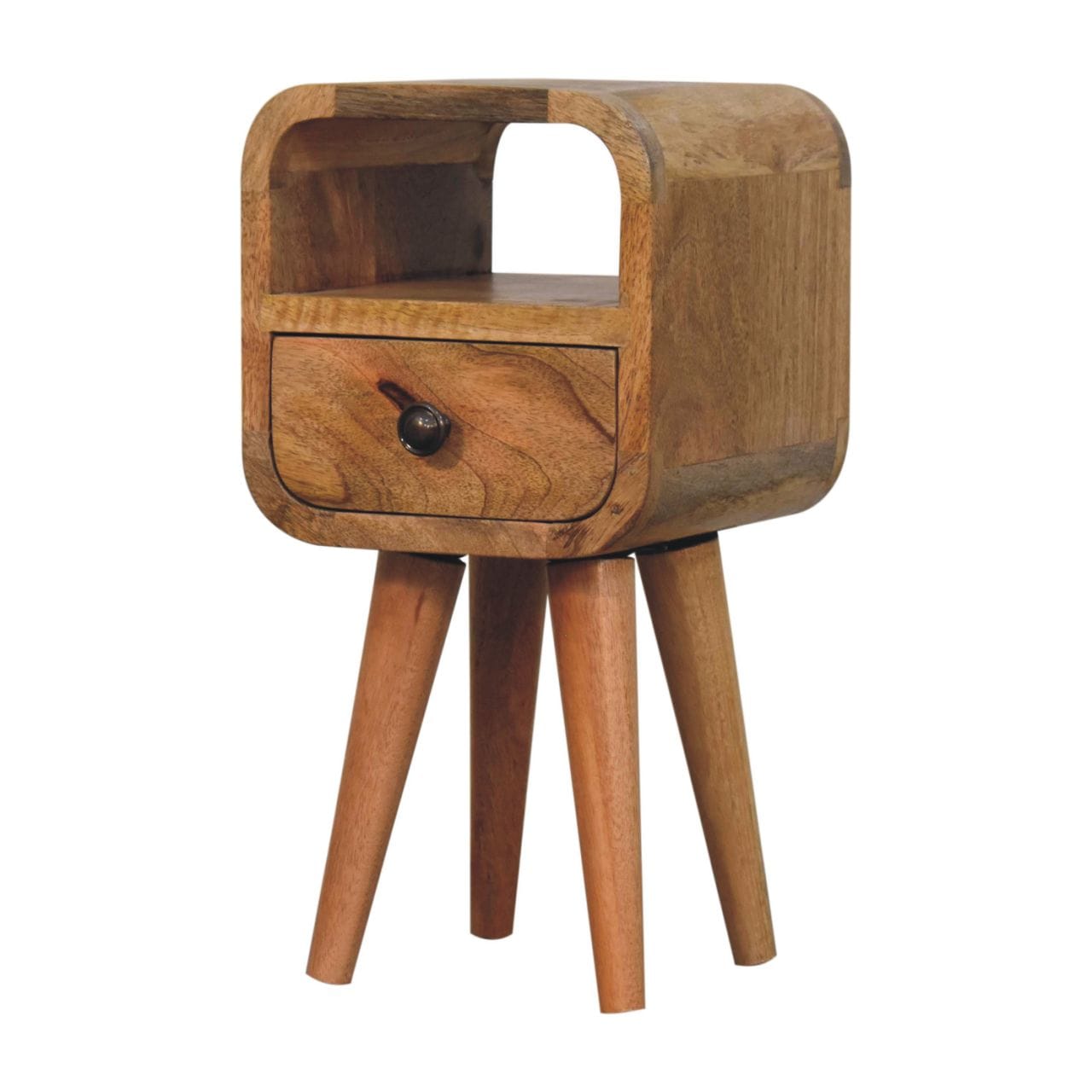 Oak-ish Extra Mini Nightstand - Solid Mango Wood Bedside Table for Bedroom - product view 4 showing handcrafted solid...