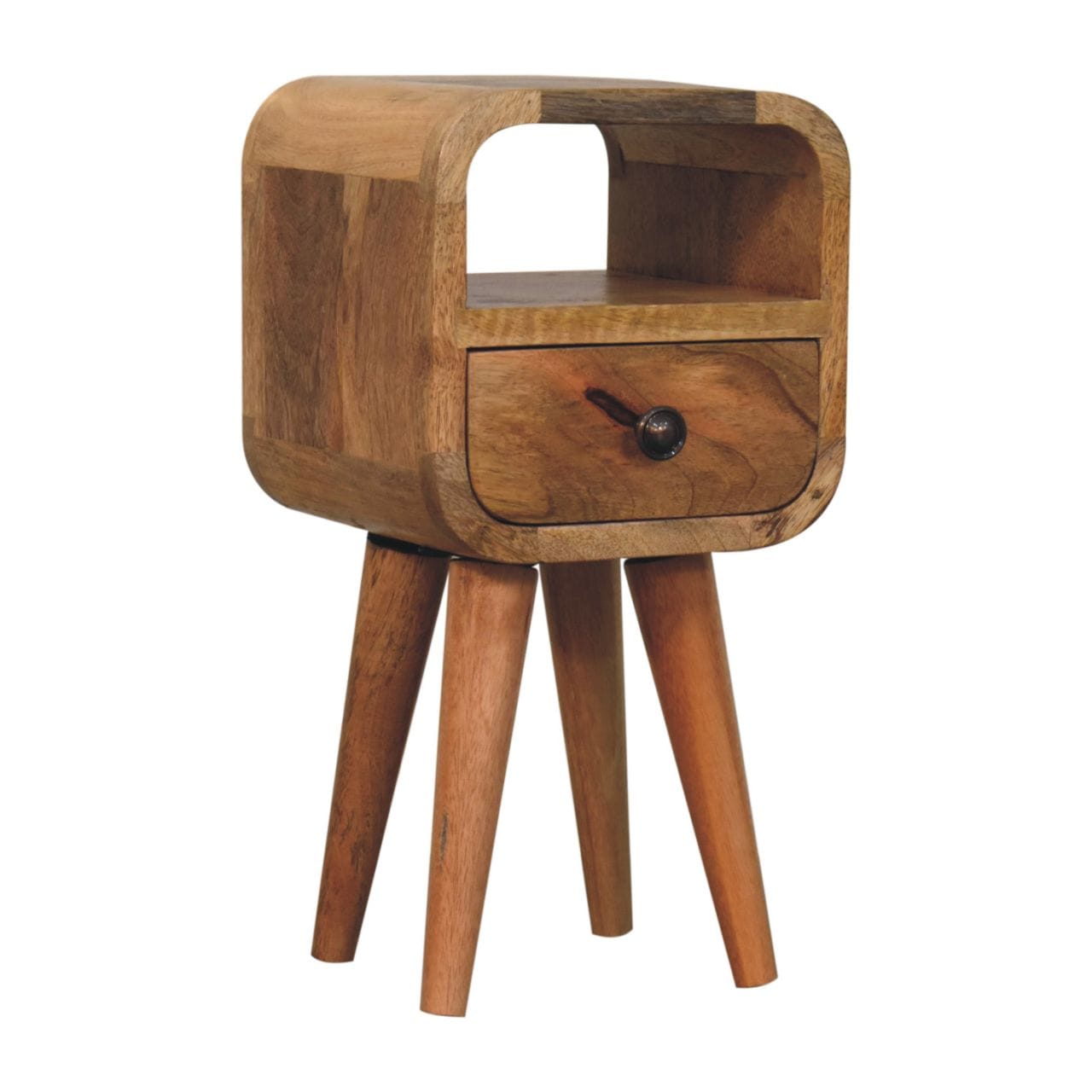 Oak-ish Extra Mini Nightstand - Solid Mango Wood Bedside Table for Bedroom - product view 3 showing handcrafted solid...