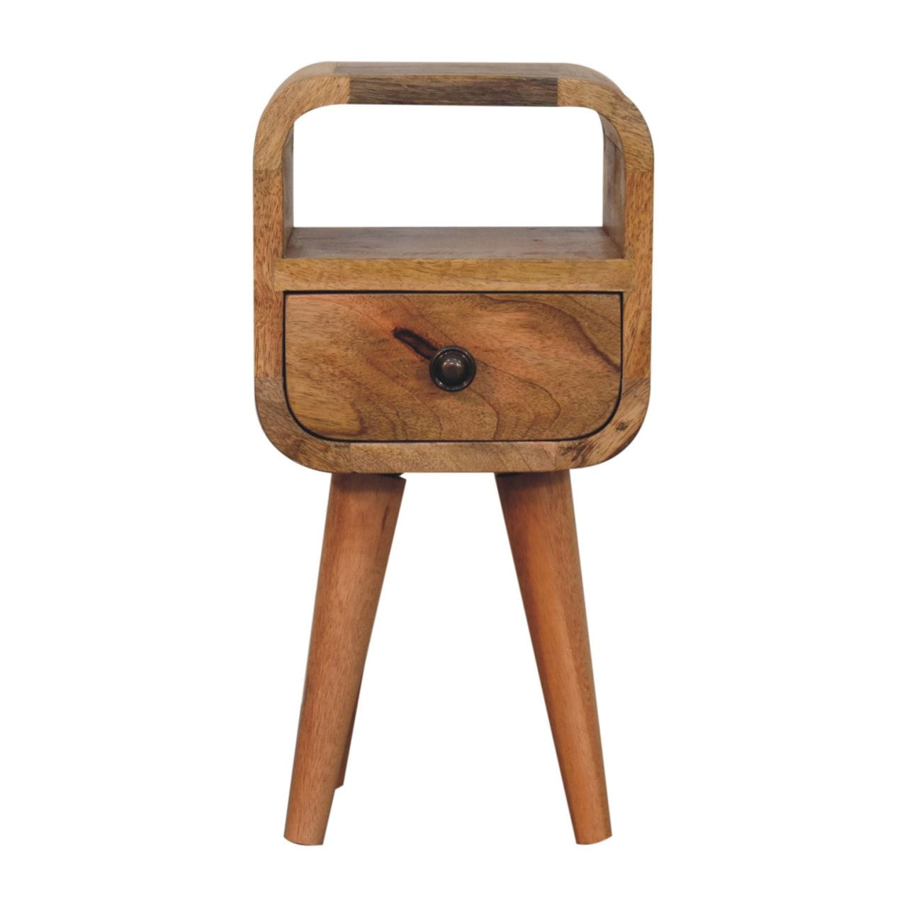 Oak-ish Extra Mini Nightstand - Solid Mango Wood Bedside Table for Bedroom - product view 2 showing handcrafted solid...