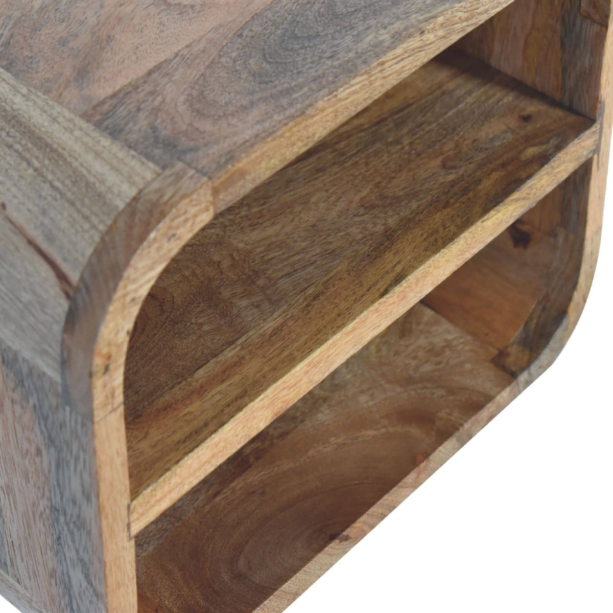 Oak-ish Floating Open Curve Nightstand - Solid Mango Wood Bedside Table for Bedroom - product view 4 showing handcrafted...