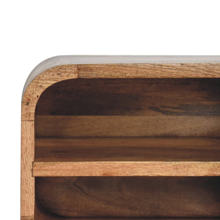 Oak-ish Floating Open Curve Nightstand - Solid Mango Wood Bedside Table for Bedroom - product view 3 showing handcrafted...