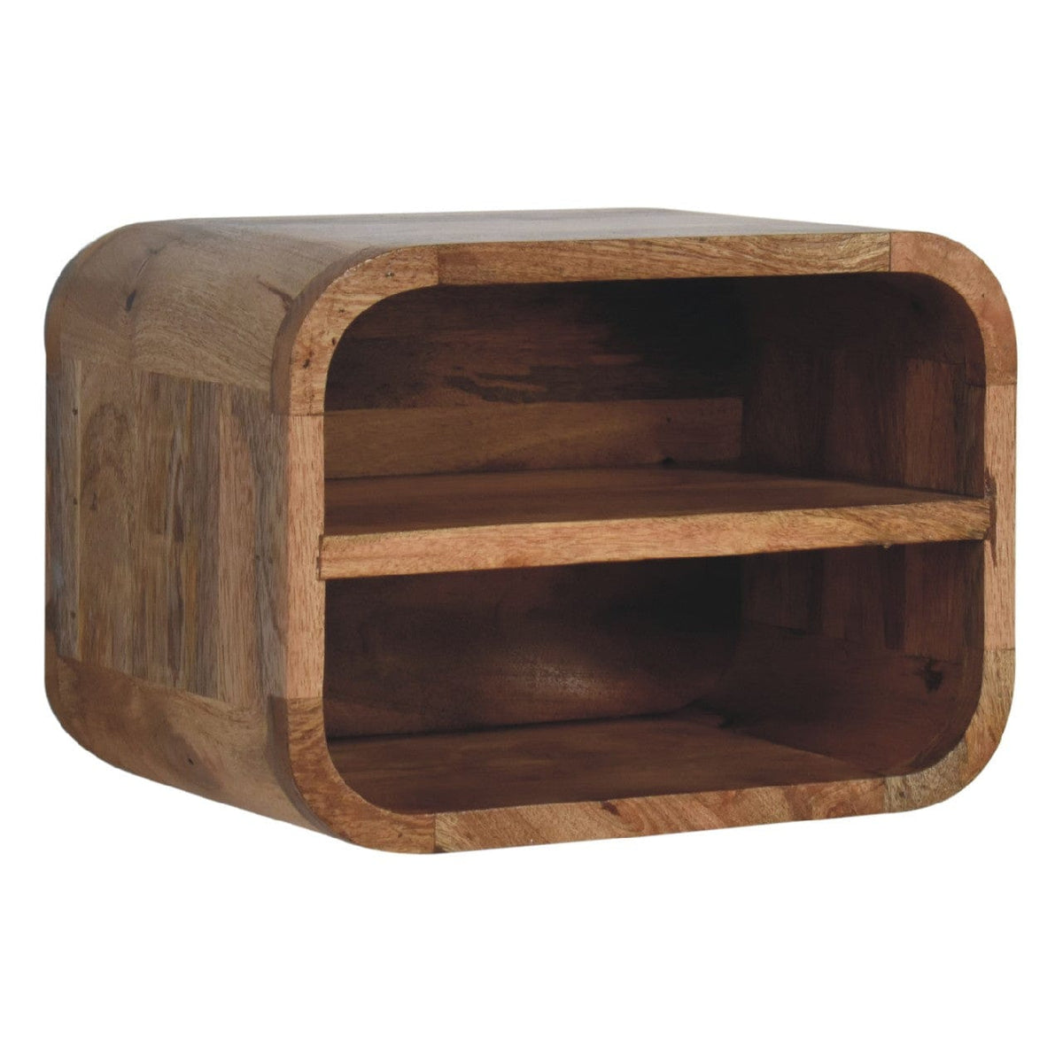 Oak-ish Floating Open Curve Nightstand - Solid Mango Wood Bedside Table for Bedroom - main view showing handcrafted solid...