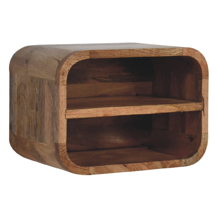 Oak-ish Floating Open Curve Nightstand - Solid Mango Wood Bedside Table for Bedroom - main view showing handcrafted solid...