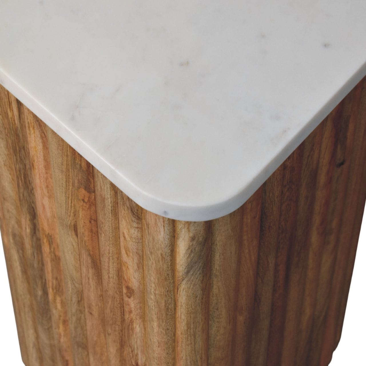 Oak-ish Marble Top End Table in Solid Mango Wood - product view 6 showing handcrafted solid mango wood side table