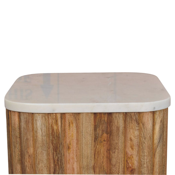 Oak-ish Marble Top End Table in Solid Mango Wood - product view 5 showing handcrafted solid mango wood side table