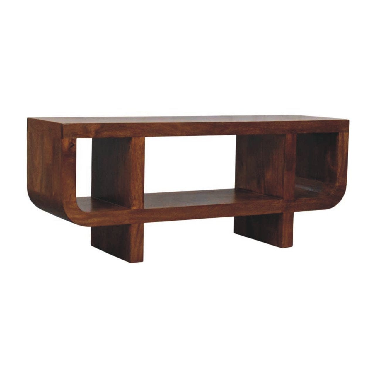 Orion Curved Chestnut TV Stand - Solid Mango Wood Entertainment Center for Living Room - product view 2 showing...