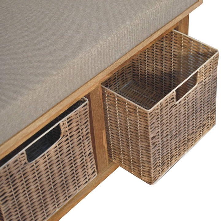 Rattan Basket Linen Bench - Solid Mango Wood Seating Furniture for Entryway - product view 7 showing handcrafted solid...