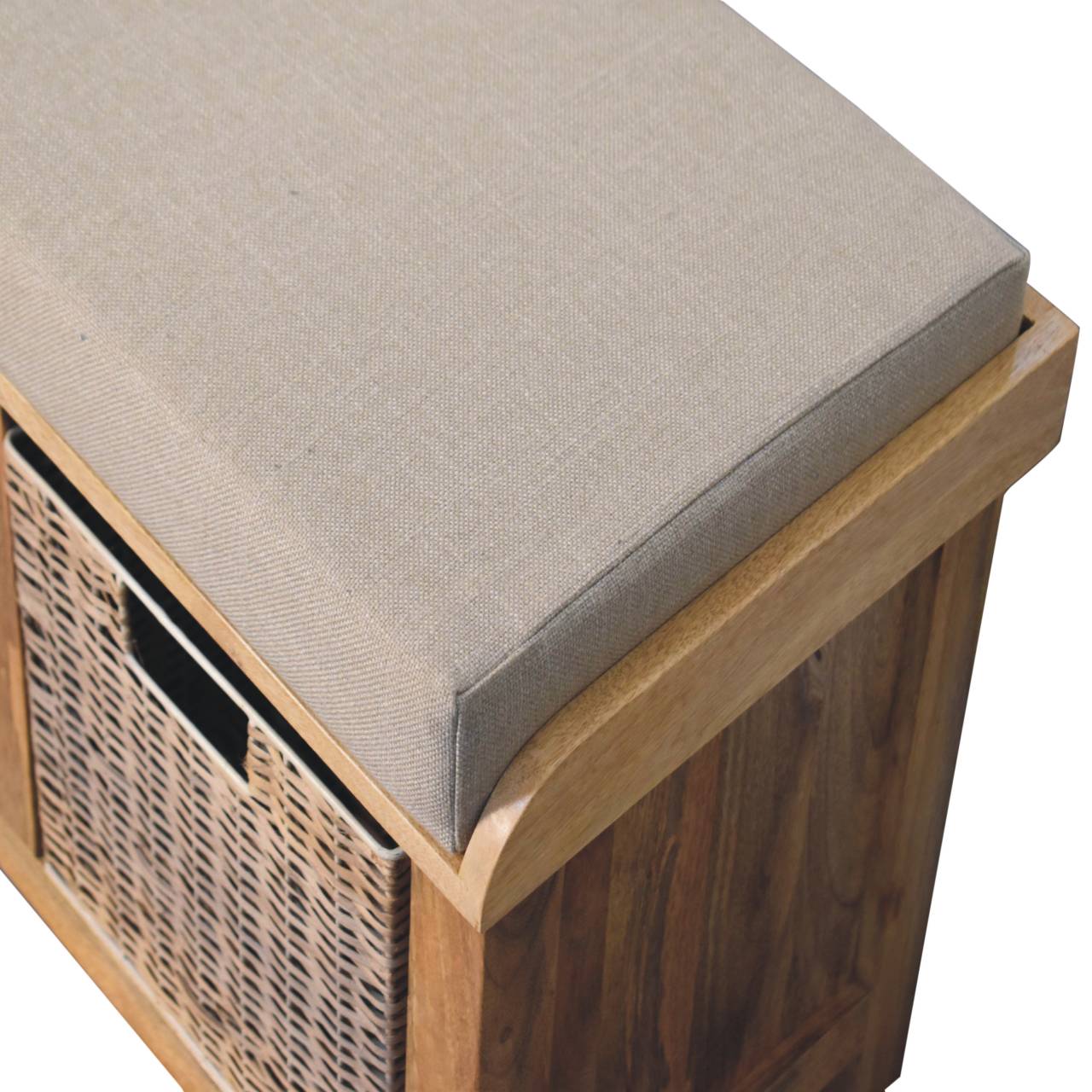 Rattan Basket Linen Bench - Solid Mango Wood Seating Furniture for Entryway - product view 6 showing handcrafted solid...