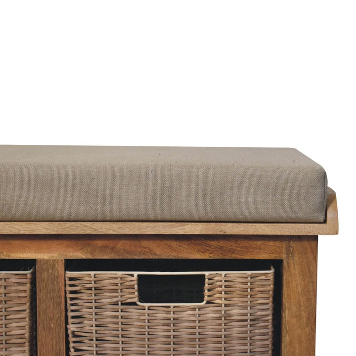 Rattan Basket Linen Bench - Solid Mango Wood Seating Furniture for Entryway - product view 5 showing handcrafted solid...