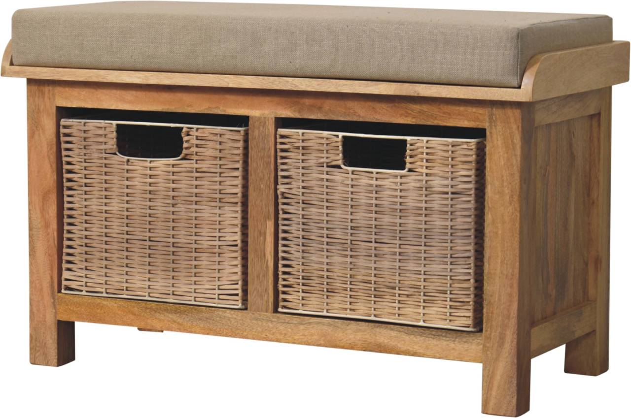 Rattan Basket Linen Bench - Solid Mango Wood Seating Furniture for Entryway - product view 4 showing handcrafted solid...