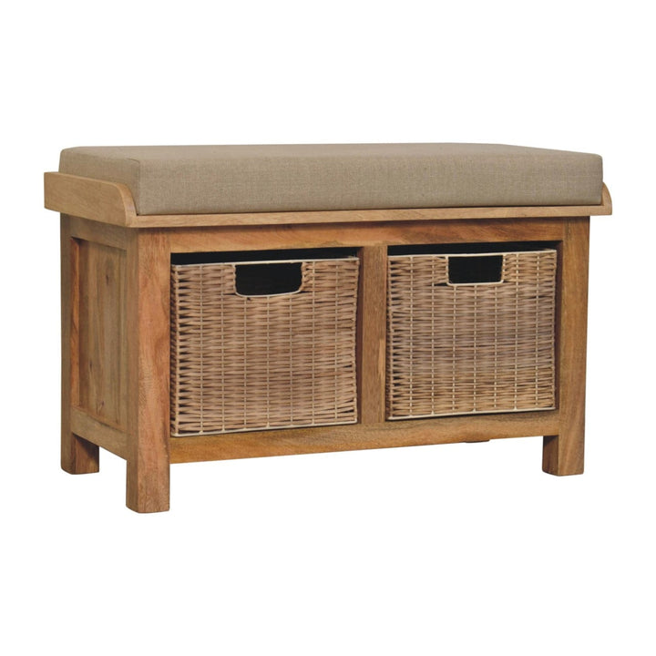 Rattan Basket Linen Bench - Solid Mango Wood Seating Furniture for Entryway - product view 3 showing handcrafted solid...