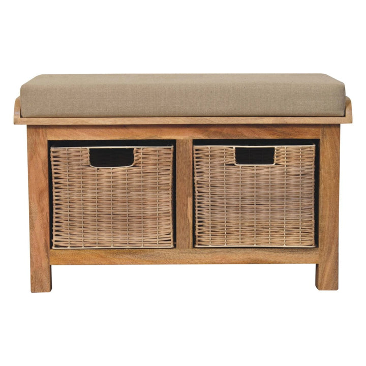 Rattan Basket Linen Bench - Solid Mango Wood Seating Furniture for Entryway - product view 2 showing handcrafted solid...