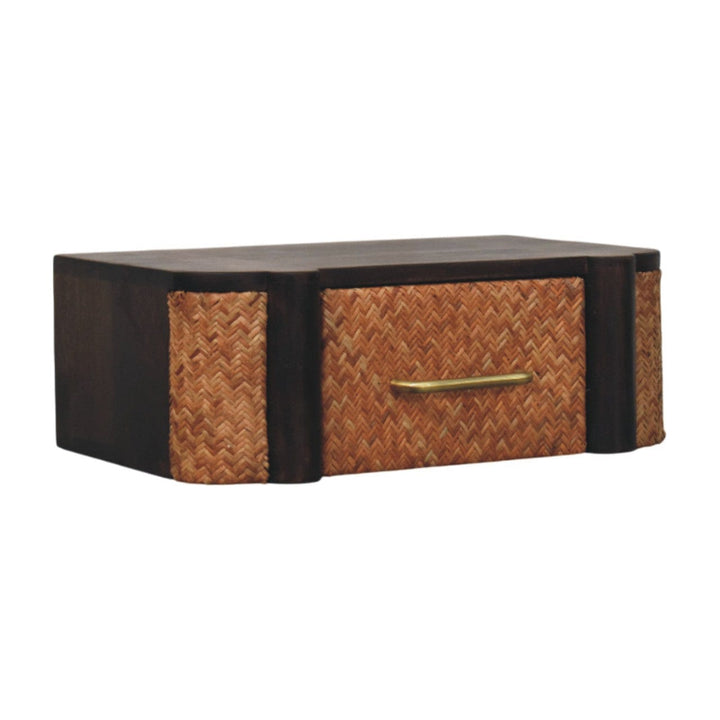 Floating Rattan Nightstand - Wall-Mounted Mango Wood Bedside Table - product view 3 showing handcrafted solid mango wood...
