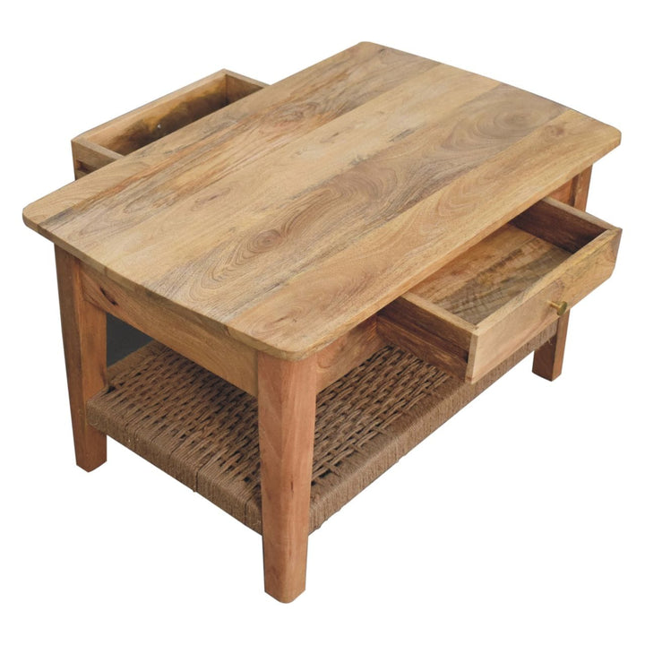Rope 2 Drawers Coffee Table - Solid Mango Wood Center Table for Living Room - product view 5 showing handcrafted solid...