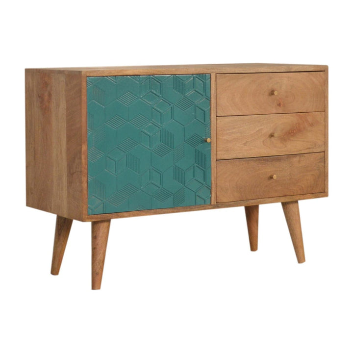 Rustic Lodge Acadia Teal Sideboard - Solid Mango Wood Buffet Cabinet for Dining Room - product view 3 showing handcrafted...