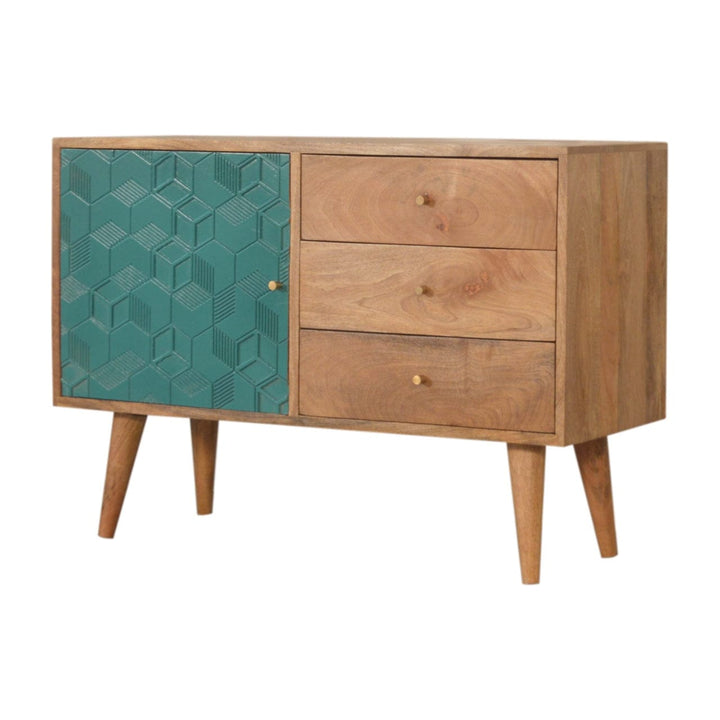 Rustic Lodge Acadia Teal Sideboard - Solid Mango Wood Buffet Cabinet for Dining Room - product view 2 showing handcrafted...