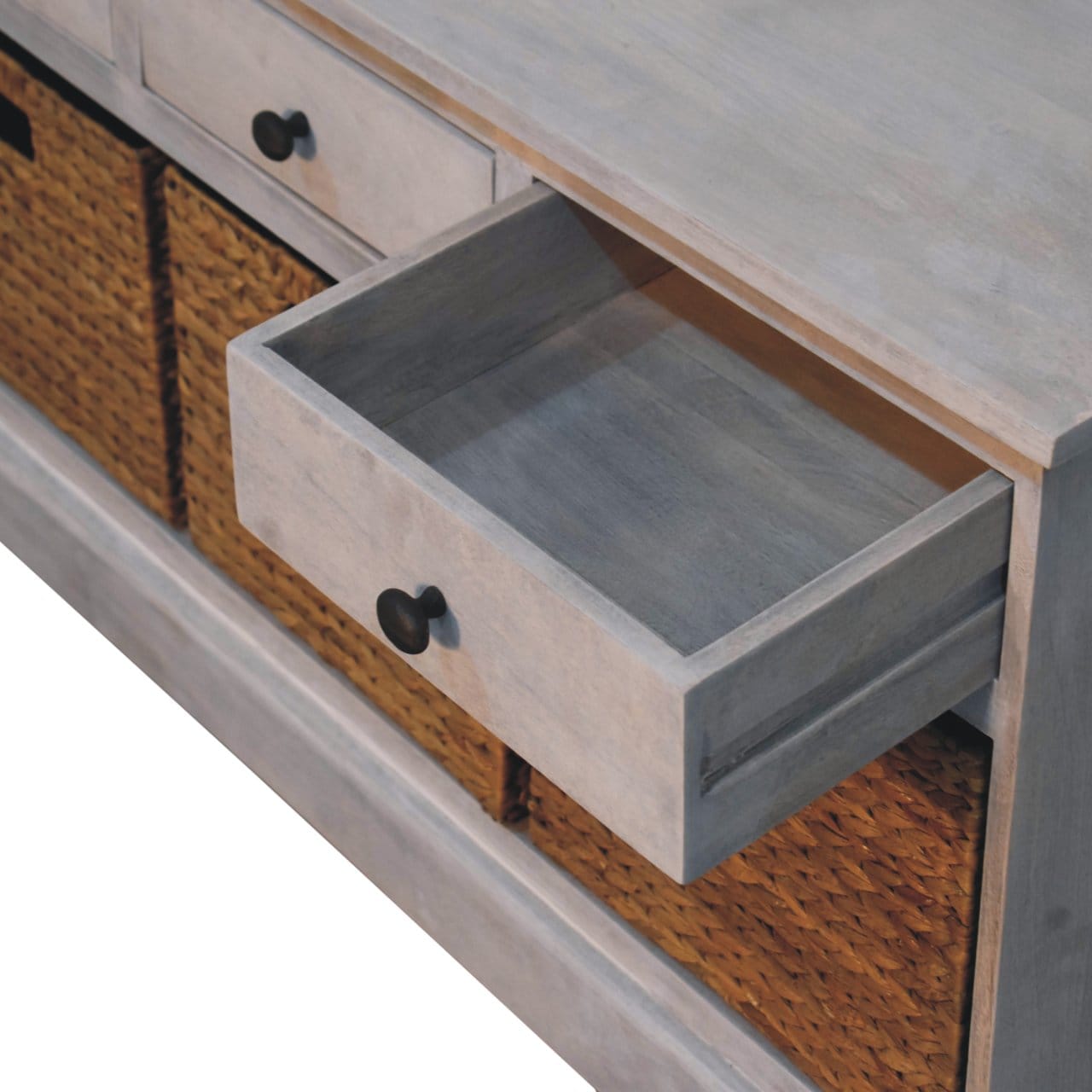 Rustic Lodge Acid Wash Basket Storage Sideboard - Solid Mango Wood Buffet Cabinet for Dining Room - product view 8...