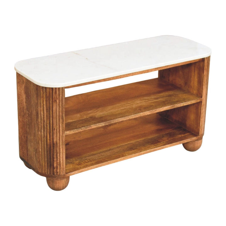 Rustic Lodge Beaumont Marble Bench - Solid Mango Wood Entryway Seating Bench - product view 6 showing handcrafted solid...
