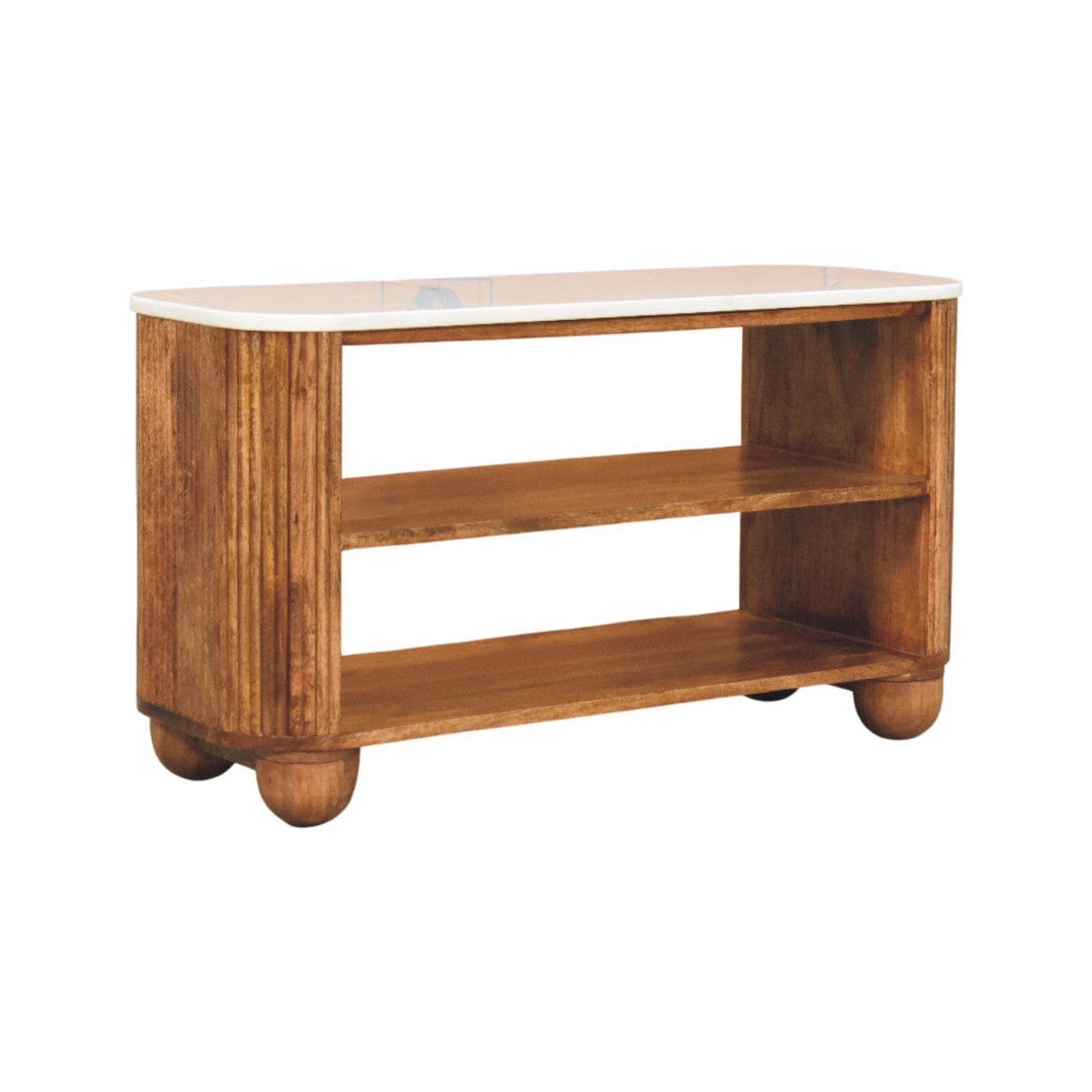 Rustic mango wood entryway bench with marble top and open shelves for storage in a stylish design.