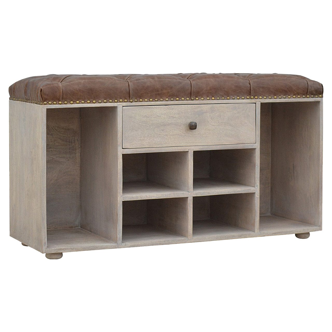Rustic Lodge Buffalo 4 Slot Shoe Bench - Solid Mango Wood Seating Furniture for Entryway - main view showing handcrafted...