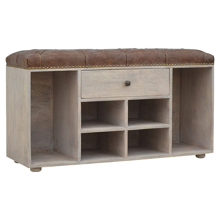 Rustic Lodge Buffalo 4 Slot Shoe Bench - Solid Mango Wood Seating Furniture for Entryway - main view showing handcrafted...