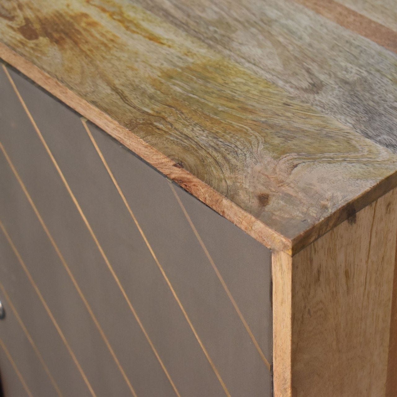 Rustic Lodge Cement Brass Inlay Sideboard - Solid Mango Wood Buffet Cabinet for Dining Room - product view 4 showing...