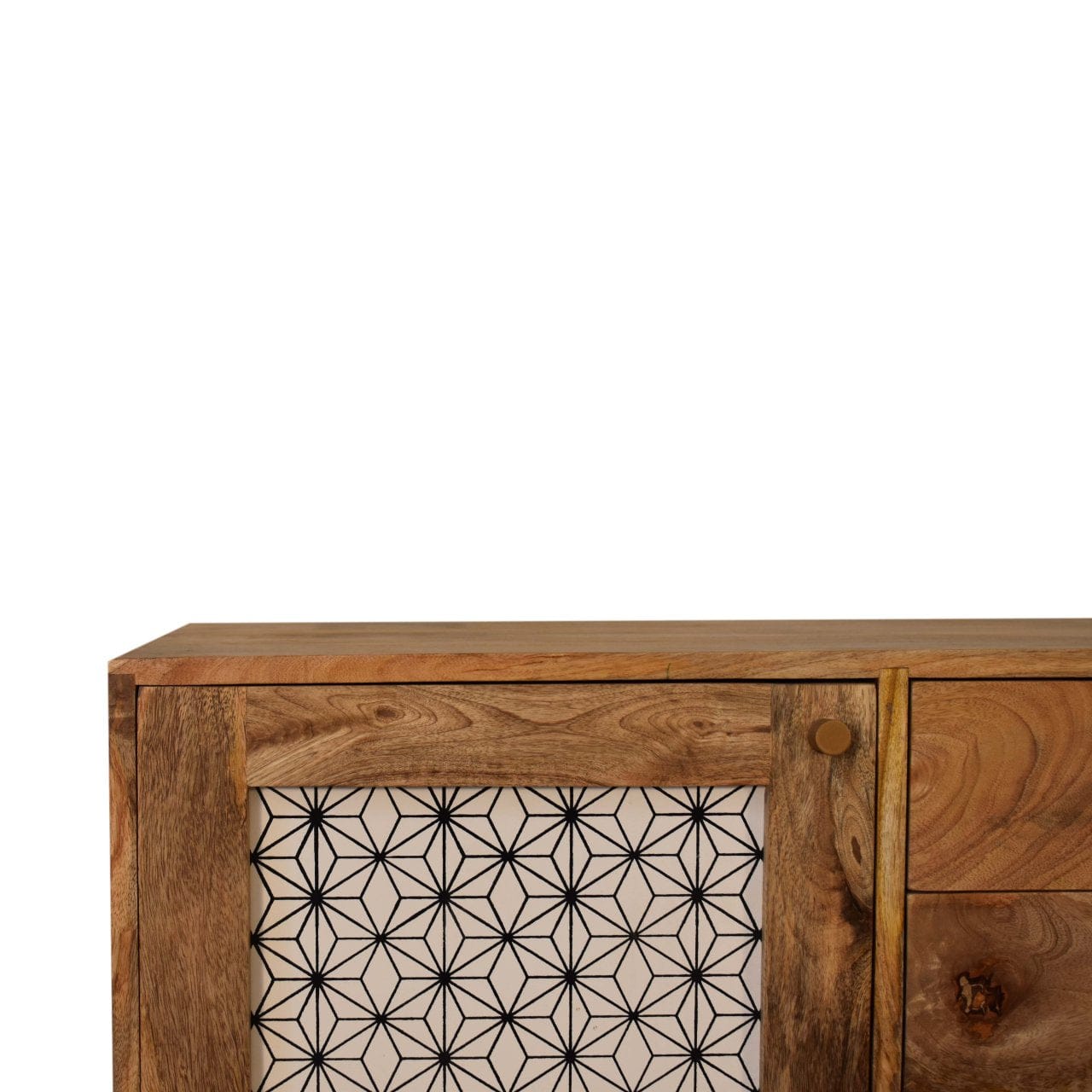 Rustic Lodge Geo Screen Print Sideboard - Solid Mango Wood Buffet Cabinet for Dining Room - product view 4 showing...