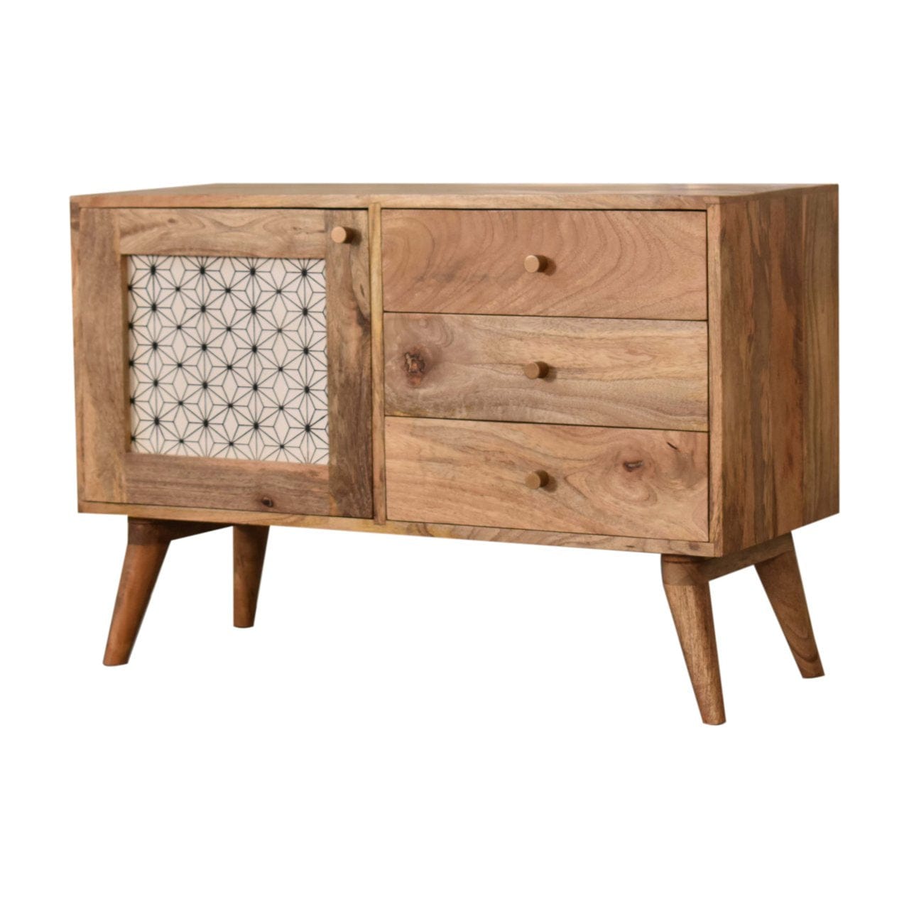 Rustic Lodge Geo Screen Print Sideboard - Solid Mango Wood Buffet Cabinet for Dining Room - product view 3 showing...